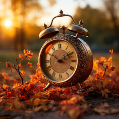 Wall Mural - Alarm clock with autumn foliage, end of daylight saving time in fall, winter time changeover, generative AI 