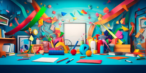 dynamic back to school background with a burst of colorful geometric shapes and symbols representing different academic subjects. Generative Ai
