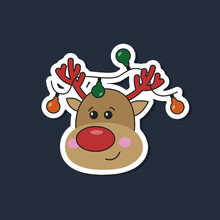 Christmas Reindeer With Red Nose And Garland On Its Horns 