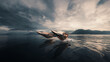 Futuristisches Sport Rennboot im Meer mit rasender Geschwindigkeit und fliegt bei Sonnenuntergang, ai generativ