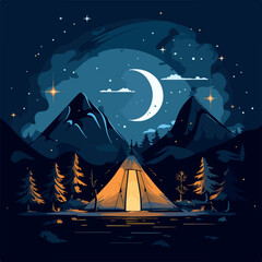 Night camp site under the starry sky flat design