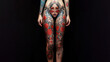 Hübsche Frau nackt mit Ganzkörper Tattoo und Blumen im Hintergrund, ai generativ