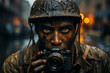 war journalist looking at camera wearing protective helmet. AI Photographer with a camera working making a army reportage
