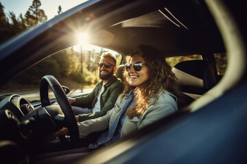 a man and a woman go on a trip in a car. having fun. smiling. travel concept. generative ai.