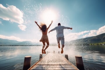 a girl and a man jump from the pier into the water. fun. travel concept. generative ai.