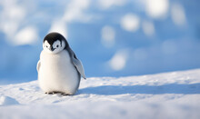 Super Cute Penguin On Winter Landscape, Snowy Winter Wonderland, Emperor Penguin With Copy Space
