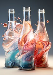 Bottles of champagne in a rainbow colored pattern 3d animated 3d rendering animation, in the style of light magenta and light aquamarine