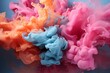 Leinwanddruck Bild - Puffs of pink smoke in front of a blue background stock photo, in the style of bold color blobs, resin, juxtaposed imagery, realistic hyper - detail