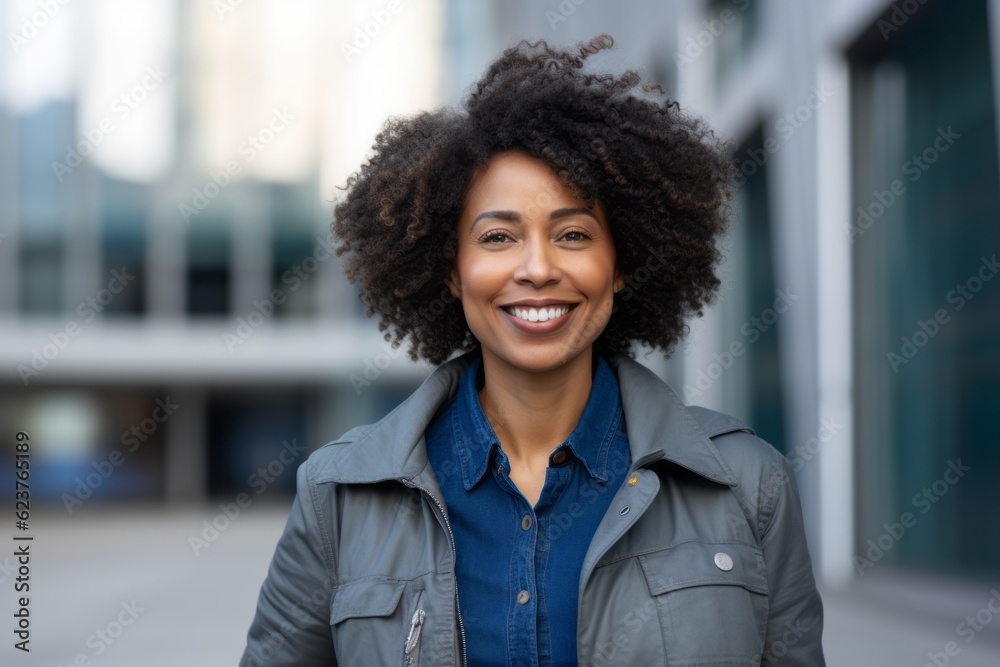 portrait of smiling african american woman with curly hair in city ...