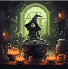 Wicked witch is brewing her witch's potion in a cauldron.