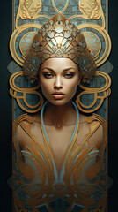 Wall Mural - A woman wearing a gold headdress and a blue dress. Generative AI.