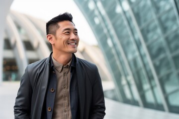 Portrait of a smiling young asian businessman standing outside office building