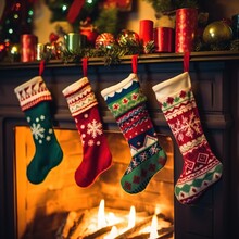 Decorated Christmas Socks Hanging Over A Fireplace In A Cosy House. Generative AI Illustration.