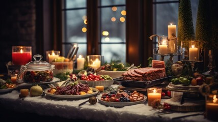 Christmas banquet in a cosy room. Food buffet for the holidays. Generative AI illustration.