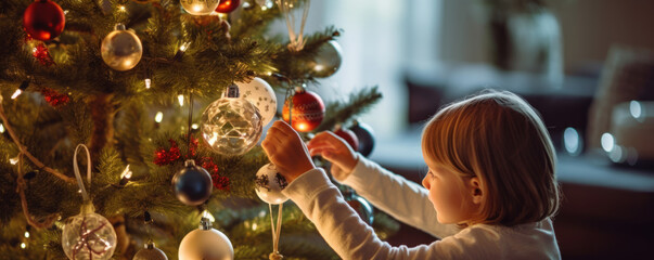 A happy girl decorating a large festive christmas tree with bauble decorations