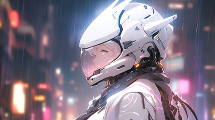 Anime girl character, cyberpunk cyborg in an urban cityscape on a rainy day. Created with Generative AI.