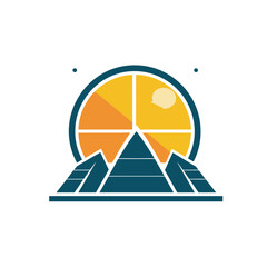 Sticker - Vector of a mountain landscape with a glowing sun in the background