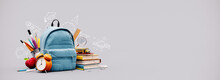 Blue School Bag With Books And School Accessories On Grey Background With Copy Space. 3D Rendering, 3D Illustration