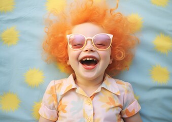 A beautiful baby wearing a pastel yellow outfit and bright pink glasses joyfully laughs, radiating a gentle happiness with her bright orange hair