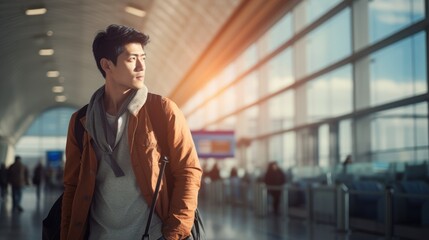 Man on holiday to travel at airport background. Lifestyle concept.