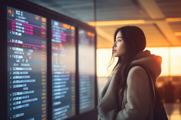 Young beautiful woman on holiday to travel at airport background.