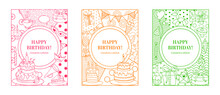 Happy Birthday Greeting Card. Celebration Sweet Cake And Presents. Holiday Dessert. Line Art. Anniversary Congratulations. Flags Or Balloons. Invitation Design. Festive Banners Vector Set