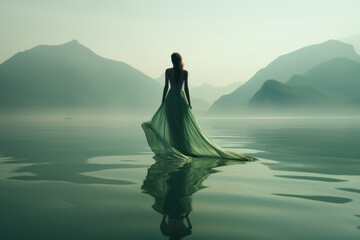 Wall Mural - moody melancholic photoshoot on the water, woman wearing long flowing beautiful dress, neutral tones