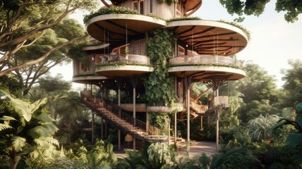 Wall Mural - The complex tree house with multiple floors in tropical jungle. Generative AI image AIG30.