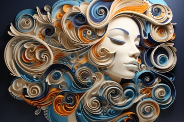 Wall Mural - A paper sculpture of a woman's face with colorful hair. Generative AI.