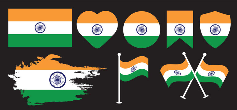 India national flag vector design set. Indian national flag design with love  icon and brush vector design.