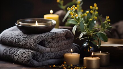 Stack of black towels and spa candles on dark background. AI generated