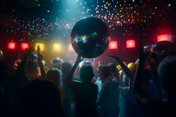 People crowd throng dancing under colorful neon lights of disco mirror ball. Generative AI