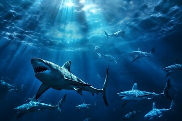 Wall Mural - sharks swim in the deep sea