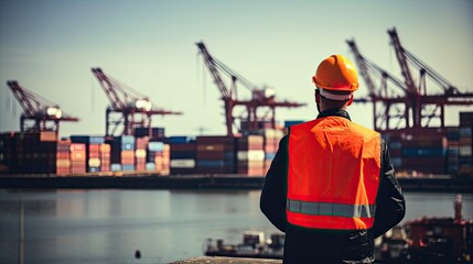 a man wearing full ppe standing looking at port cargo, container box at a goods port