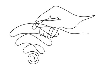 Wall Mural - Hand with WI-FI signal one line art,hand drawn palms holds internet hotspot,access point continuous contour.Free zone wireless online concept,template outline.Editable stroke.Isolated.Vector