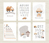 Fototapeta Dinusie - Set of posters with Track road alphabet and numbers