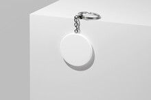 Hanging Round Keychain With Key Ring Mockup. 3D Rendering