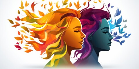 Wall Mural - Two women with colorful hair and leaves in their hair. Generative AI. Visualization of gender spectrum