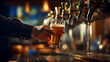Bartender hand at beer tap pouring a draught beer, Generative Ai