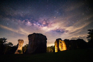 Wall Mural - stonehenge at sunset , many stars with milky way.mor hin khao (thailand stonehenge) night sky landsc