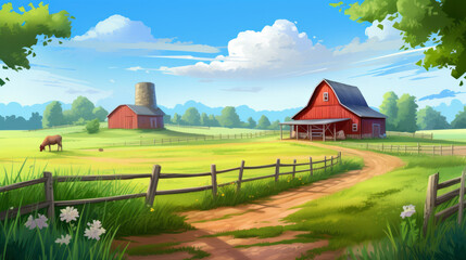 Farm cartoon style illustration background with barn and green nature