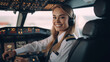 Woman airline pilot portrait in plane cockpit