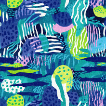 Tropical Modern Coastal Pattern Clash Fabric Coral Reef Print For Summer Beach Textile Designs With A Linen Cotton Effect. Seamless Trendy Underwater Kelp And Seaweed Repeat Background
