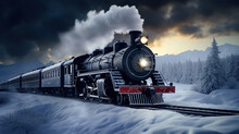 Vintage Steam Train In Snowy Landscape