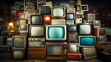 Stacked Wall Of Vintage Televisions, Generative Ai