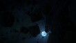 White dwarf star Sirius B with hostile rocky asteroid field. Concept 3D illustration astronomy wallpaper. Barren black iron rocks belt orbiting in space. Post supernova helium burning radiation winds.