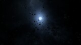 Fototapeta  - White dwarf star Sirius B glowing behind barren rocky asteroid field. Concept 3D artistic astrology wallpaper background. Space debris and cosmic dust orbiting neutron star in hostile solar radiation.