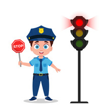 A Boy In A Police Uniform And With A Stop Sign