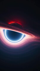 Wall Mural - Interstellar black hole in outer cosmos. Giant singularity with glowing rotating accretion disk. Vertical 3d animation tracking wide shot. Cosmos around wormhole warps in curved space and space-time.