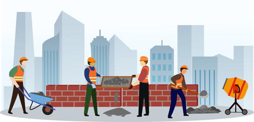 Construction site vector illustration, construction worker and architect, Engineer Worker Builder, working with cement